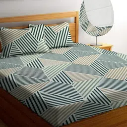 Myntra Elegant Homes Green & Beige Geometric 300 TC King Bedsheet with 2 Pillow Covers-24