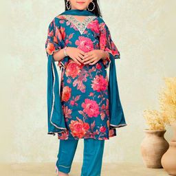 Navlik Girls Floral Embroidered V-Neck Straight Thread Work Kurta With Trousers & Dupatta-image-8