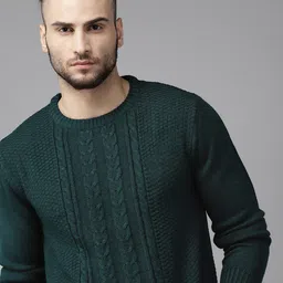 The Roadster Lifestyle Co Men Green Cable Knit Pullover-image-4