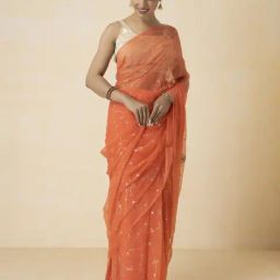 Geroo Jaipur Orange Hand Embroidered Aari Work Chiffon Saree-picture-10