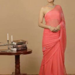 Geroo Jaipur Peach Chiffon Hand Embroidered Mukaish Saree-image-50