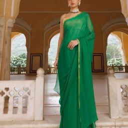 Geroo Jaipur Green Hand Dyed Plain Chiffon Saree with Jacquard Blouse-image-19
