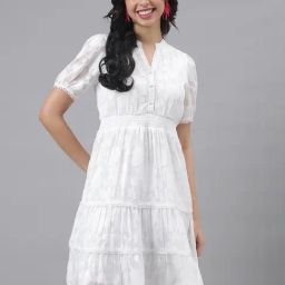 Latin Quarters White Self Design A Line Dress-14
