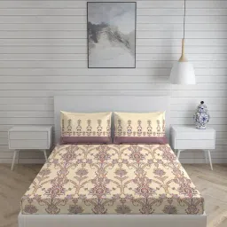 Layers Trevi Floral Beige 104 TC Cotton Queen Bed Sheet with 2 Pillow Covers-image-72