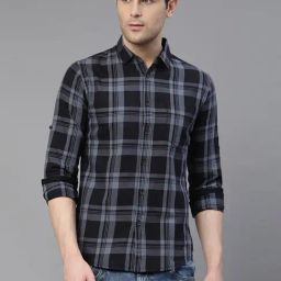 Dennis Lingo Grey & Black Cotton Slim Fit Checks Shirt-image-94