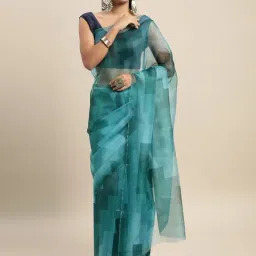 Blissta Turquoise Geometric Print Saree With Unstitched Blouse-picture-12