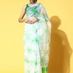 Blissta White Geometric Print Saree With Unstitched Blouse-1