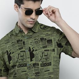 The Indian Garage Co Men Olive Green & Black Comfort Fit Newspaper Print Cotton Shirt-image-100