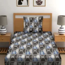 BELLA CASA Cuddle Floral Grey & Blue 150 TC Cotton Single Bedsheet with 1 Pillow Cover-image-65