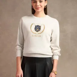 U.S. Polo Assn. Womens Off White Pure Cotton Regular Fit Heathered Sweater-image-24