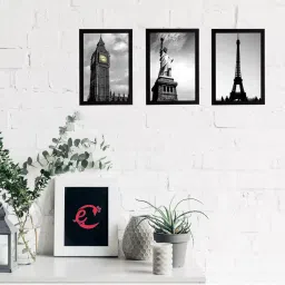ecraftindia Set Of 3 Clock Tower, Statue of Liberty and Eiffel Tower Satin Matt Texture UV Art Painting image 1