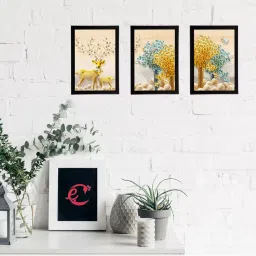 eCraftIndia Set Of 3 Colorful Trees and Deer Satin Matt Texture UV Art Painting image 1