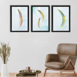 eCraftIndia Colorful Feather with Golden Texture Set of 3 Satin Matt Texture UV Art Painting image 1