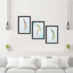 eCraftIndia Colorful Feather with Golden Texture Set of 3 Satin Matt Texture UV Art Painting image 2