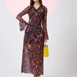 Globus Women Multicolor Frilled V-Neck Floral Print Front Slit Net Midi Bodycon Party Dress-picture-28