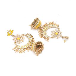Karatcart Gold-Plated Floral Yellow Meena Kundan Jhumki Earrings image 4