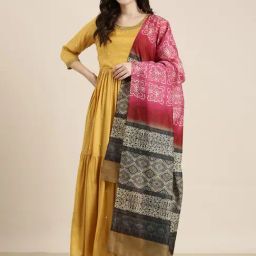 SHOWOFF Yellow Regular Fit Kurta With Dupatta-image-22