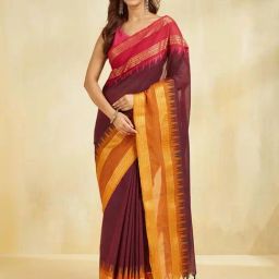 Fabindia Maroon Woven Design Sarees-image-41