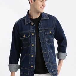 SHOWOFF Navy Blue Denim Slim Fit Solid Jacket-picture-18