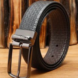 Louis Stitch Black Textured Leather Reversible Belt for Men-picture-36