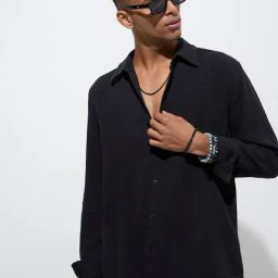 ETA by Westside Black Crinkle-Textured Relaxed-Fit Cotton Shirt-image-37