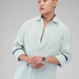 Vastrado Green Cotton Relaxed Fit Checks Shirt-image-4