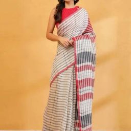 Fabindia Beige Linen Regular Fit Woven Design Sarees-picture-32