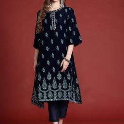 Anouk Ethnic Print Velvet-Finish Regular Kurti with Trouser image 1