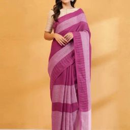 Fabindia Pink Linen Regular Fit Woven Design Sarees-picture-3