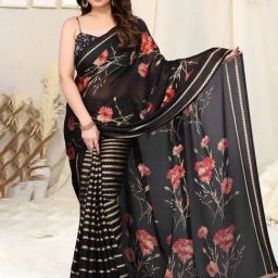 MIRCHI FASHION Black Printed Saree With Unstitched Blouse-image-94