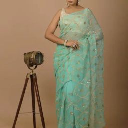 Geroo Jaipur Green Hand Embellished Gota Jaal Chiffon Saree-picture-11