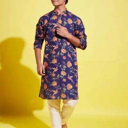 VASTRAMAY Boys Navy & Cream Floral Full Sleeves Kurta Sets-image-49