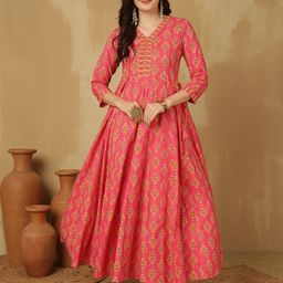 GLAM ROOTS Floral Printed Gotta Patti Work V-Neck Pure Cotton Anarkali Kurta-46