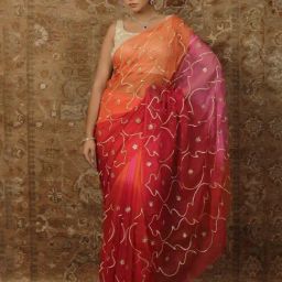 Geroo Jaipur Pink & Orange Shaded Gota Patti Jaal Chiffon Saree-picture-3