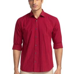 Park Avenue Blood Red Cotton Slim Fit Striped Shirt-image-9
