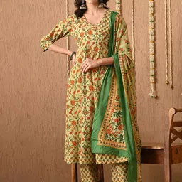 Anouk Floral Printed V-Neck Angrakha Pure Cotton Anarkali Kurta With Trouser And Dupatta-47
