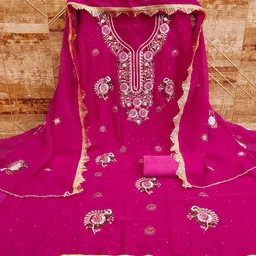 HERE&NOW Floral Embroidered Thread Work Silk Georgette Unstitched Dress Material-image-64