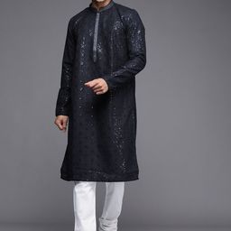 Manyavar Men Navy Blue Ethnic Motifs Embroidered Sequinned Silk Georgette Kurta with Churidar-image-23