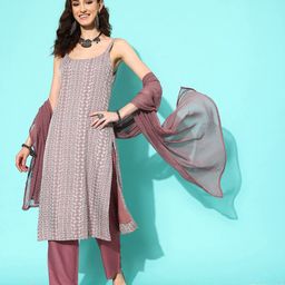 Varanga Women Mauve Ethnic Motifs Embroidered Regular Kurta with Trousers & With Dupatta-picture-18