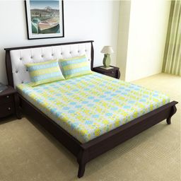 Divine Casa Floral Blend Cotton Double Bedsheet with 2 Pillow Covers - Sky Blue & Yellow-15