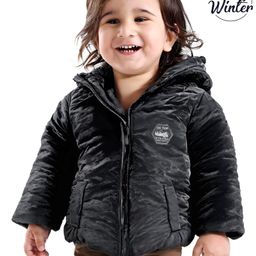 Babyoye Inner Sherpa Lined Woven Full Sleeves Velvet Textured Hooded Jacket - Black-2