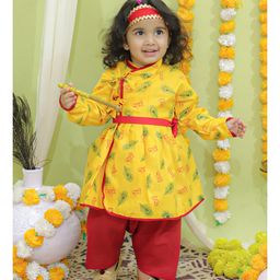 BownBee Janmashtami Theme Full Sleeves Peacock Feather Printed Angrakha Kurta Dhoti Krishna Costume Set - Yellow-image-26