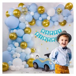 Bubble Trouble Pastel Theme Birthday decoration for Kids with happy birthday banner Blue gold & white Pack of -63-12