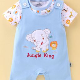 Child World Cotton Interlock Knit Elephant Embroidered Dungaree Style Romper with Half Sleeves Inner Tee - Sky Blue-image-33