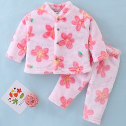 Mom's pet Full Sleeves All Over Flowers Printed Coordinating Fur Lined Shirt & Pant - Pink-image-3