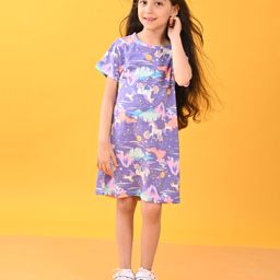 Anthrilo Half Sleeves Unicorn Printed Dress - Purple-image-99