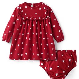Doodle Poodle 100% Cotton Knit Full Peasant Sleeves Star Printed Frock with Bloomer - Red-picture-11