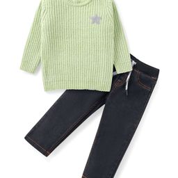 Babyhug Sweater Knit Full Sleeves Solid Pullover & Jeans Winter Wear Set With Star Applique - Light Green-image-8