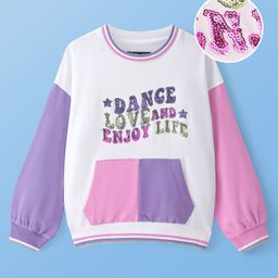 Pine Kids Cotton Knit Full Drop Shoulder Sleeves Sweatshirt with Sequin Text Embroidery & Kangaroo Pockets - White Pink & Purple-image-10
