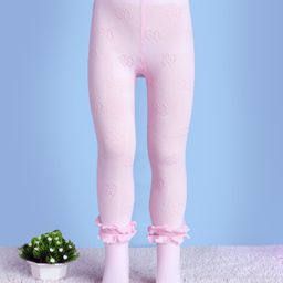 Mustang Cotton Knit Footed Tights with Frill Detailing & Floral Design - Light Pink-image-99